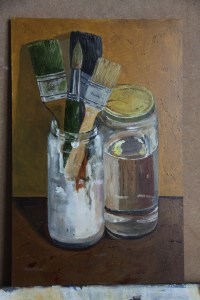 BALAGUER - BROCHAS Y UN PINCEL CON TARRO DE AGUA Oleo sobre tabla