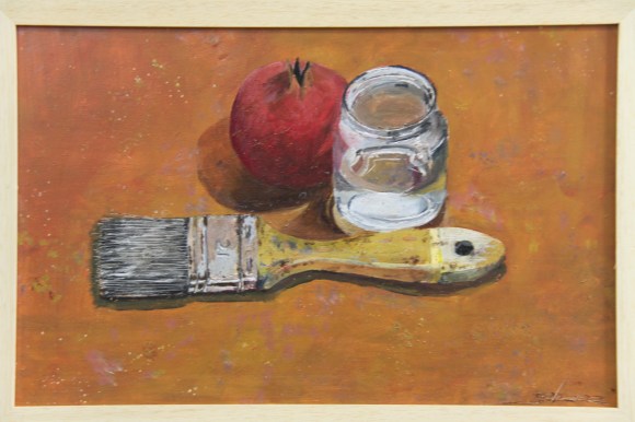 GRANADA CON BROCHA Y TARRO DE AGUA Oleo sobre tabla