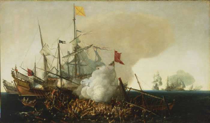 Galeones españoles luchando contra los piratas berberiscas, Cornelis Hendriksz Vroom, 1615